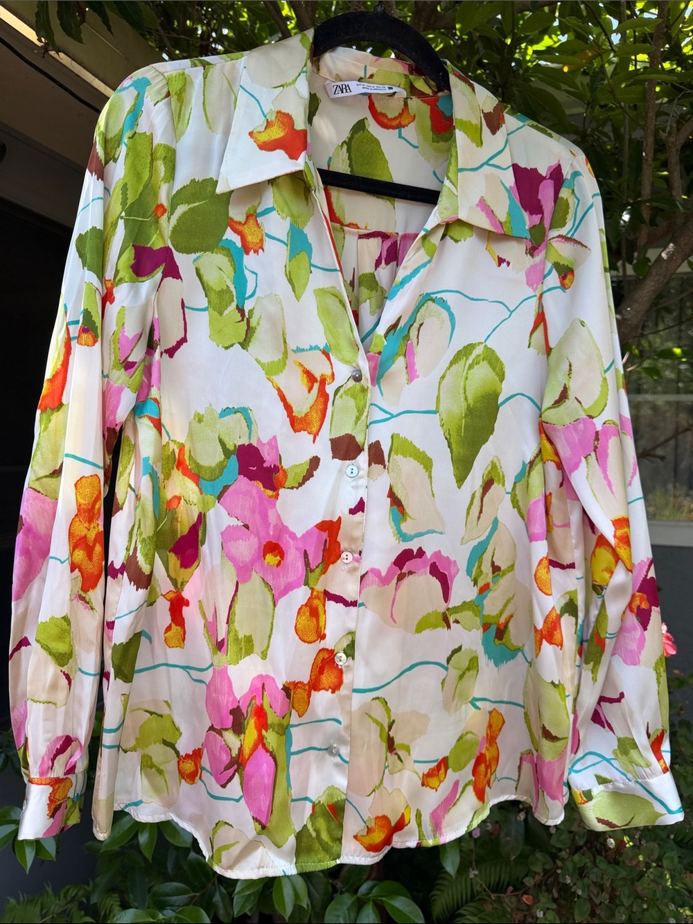 Zara Cream Button-Down Shirt with Pink, Green & Orange Floral Pattern